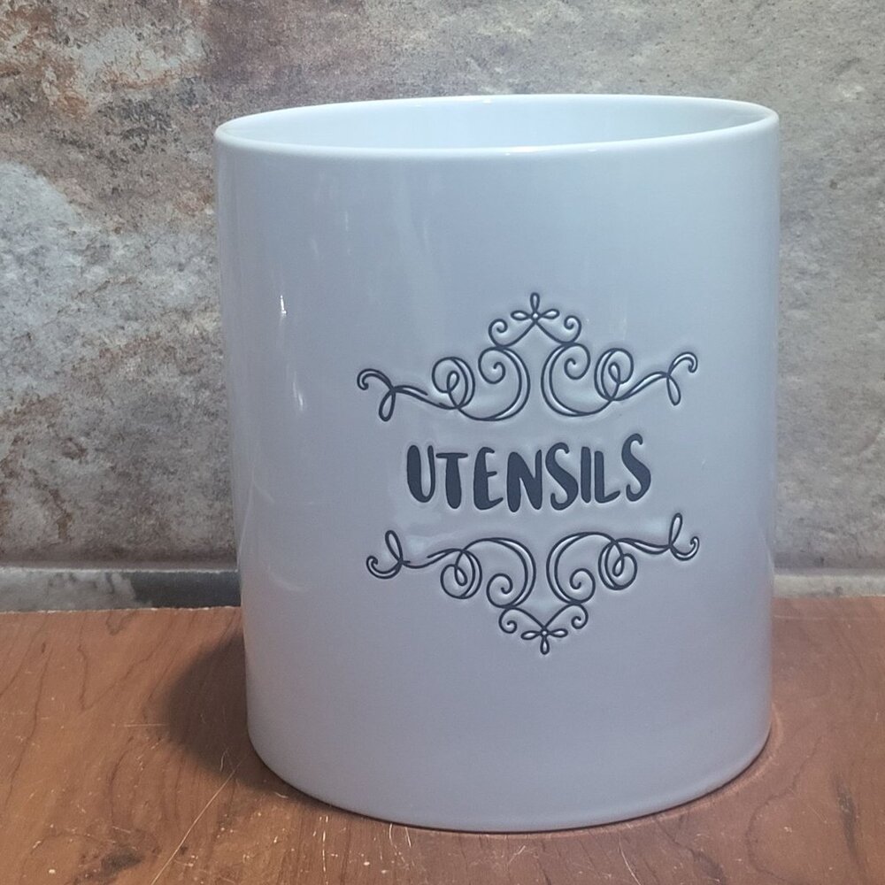 Scroll Collection Utensil Holder White Ceramic Cannister